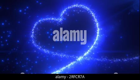 Abstraktes, glühendes weihnachtliches Herz Liebe Blau aus Linien magischer Energie von Partikeln und Punkten auf dunklem Hintergrund zum Valentinstag. Abstrakter Backgro Stockfoto