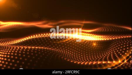 Abstrakte gelb-orange leuchtende Wellen von Partikeln und Punkten Energie magische futuristische Hightech, abstrakter Hintergrund. Stockfoto