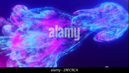 Abstrakte Fluidexplosion schillernd blau und violett leuchtende Energie magische Wellen mit Unschärfe-Effekt in flüssigem Wasser auf dunkelblauem Hintergrund. Abstract zurück Stockfoto