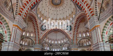 Ein Bild des farbenfrohen und herrlichen Innenraums der Fatih-Moschee in Istanbul. Stockfoto