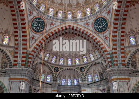 Ein Bild des farbenfrohen und herrlichen Innenraums der Fatih-Moschee in Istanbul. Stockfoto