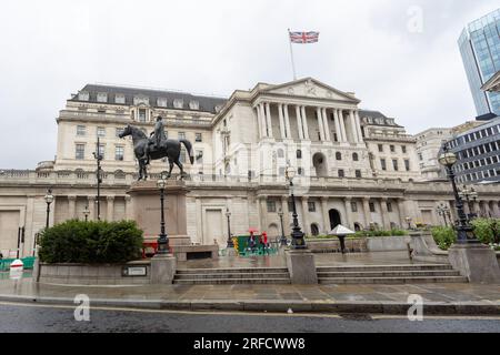 London, Großbritannien. 2. August 2023. Das Äußere der Bank of England. Stockfoto