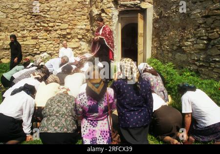 Kloster Hadambu, Kreis Iasi, Rumänien, 1999. Gläubige und Priester während eines liturgischen Gottesdienstes draußen. Stockfoto