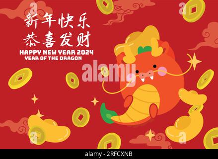 Süßer chinesischer Drache mit einer 2024 cny-Karte. Feier des Jahres des Drachen oder Mond Neujahr 2024 Grußkarte, Banner. Stock Vektor