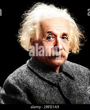 Ein farbenfrohes Bild des Theoretikers Albert Einstein (1879-1955), der den Nobelpreis erhielt und am besten für seine Relativitätstheorie bekannt ist. Obwohl er in Deutschland geboren wurde, zog er 1895 in die Schweiz und wurde 1901 Schweizer Staatsbürger. Im Jahr 1933 kam Hitler bei seinem Besuch in Amerika im Jahr 1933 in Deutschland an die Macht, und aufgrund seines jüdischen Hintergrunds entschied er sich, nicht dort zu bleiben. 1940 wurde er amerikanischer Staatsbürger. Trotz seiner pazifistischen Ansichten hat er die amerikanische Regierung über die Gefahren der Entwicklung einer Atomwaffe durch die Nazis aufgeklärt. Stockfoto