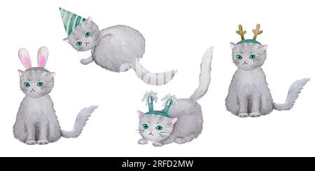 Süße flauschige Katzen in festlichen und Karneval-Outfits. Satz von Aquarellzeichen. Stockfoto