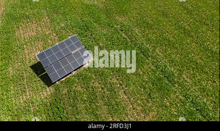 Sonnenkollektoren in der Mitte eines Feldes mit frischen Pflanzen für den Sommer. Photovoltaik, alternative und nachhaltige Energie Stockfoto