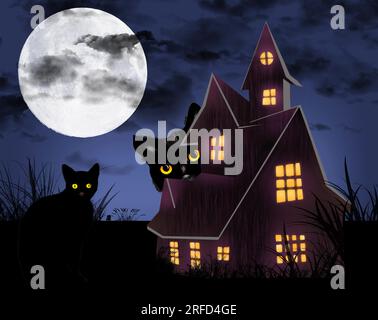 Schwarze Katzen, Vollmond und ein Spukhaus bei Nacht sind in dieser 3-D-Illustration über Halloween zu sehen. Stockfoto
