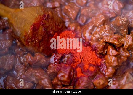 Traditionelles ungarisches Gulasch kocht in einem Kessel. Stockfoto