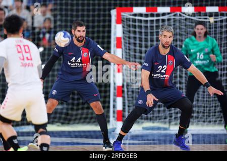 Ariake Arena Tokio, Japan. 2. Aug. 2023. (L-R) Nikola Karabatic, Luka Karabatic (PSG), 2. AUGUST 2023 - Handball : Paris Saint-Germain Handball Japan Tour Match zwischen Paris Saint-Germain 39-24 Japan in der Ariake Arena Tokyo, Japan. Kredit: Naoki Nishimura/AFLO SPORT/Alamy Live News Stockfoto