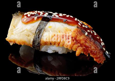 Unagi-Sushi mit Seeaal, auf einem schwarzen Spiegel Stockfoto