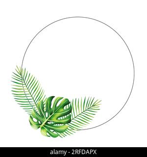 Aquarellfarbener Rahmen mit realistischer tropischer Darstellung von Monstera und Palmen isoliert auf weißem Hintergrund. Wunderschönes, handgemaltes, botanisches Blumeneleme Stockfoto