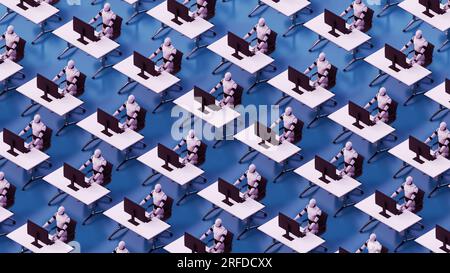 Viele KI-Humanoiden sitzen auf einem Stuhl und arbeiten im Büro mit einem PC. 3D-Darstellung der Konzeptidee der künstlichen Intelligenz Stockfoto
