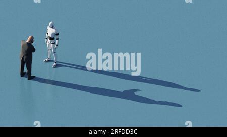 Ein humanoider Al-Cyborg, der mit einem Geschäftsmann in der Bürolobby spricht. 3D-Darstellung der Konzeptidee der künstlichen Intelligenz Stockfoto
