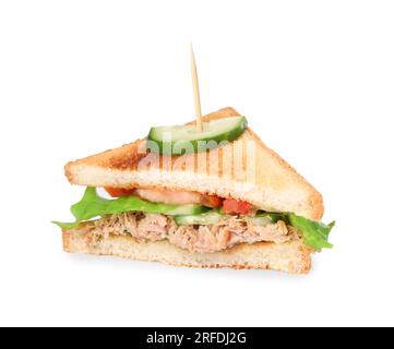 Köstliches Sandwich mit Thunfisch und Gemüse auf weißem Hintergrund Stockfoto