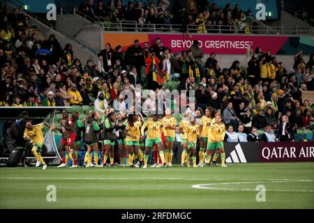 Melbourne, Australien, 2. August 2023. Das jamaikanische Team bereitet sich beim Fußball-Fußballspiel der Frauen-Weltmeisterschaft zwischen Jamaika und Brasilien im AAMI Park am 02. August 2023 in Melbourne, Australien, vor. Kredit: Dave Hewison/Speed Media/Alamy Live News Stockfoto