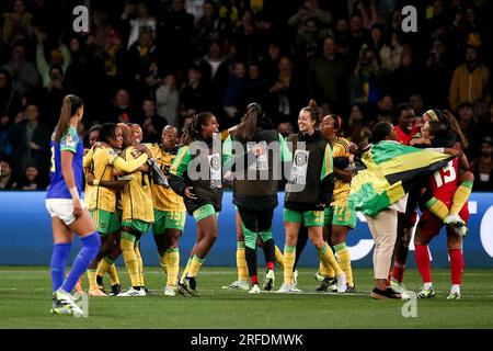 Melbourne, Australien, 2. August 2023. Jamaikanische Spieler feiern am 02. August 2023 im AAMI Park in Melbourne, Australien, während des Fußballspiels der Frauen-Weltmeisterschaft zwischen Jamaika und Brasilien. Kredit: Dave Hewison/Speed Media/Alamy Live News Stockfoto