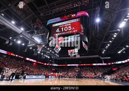 Gunma, Japan. 2. Aug. 2023. Allgemeine Ansicht Basketball : Männer Basketball Internationales Freundschaftsspiel zwischen Japan 79-72 Neuseeland in der Open House Arena Ota in Gunma , Japan . Kredit: Naoki Morita/AFLO SPORT/Alamy Live News Stockfoto