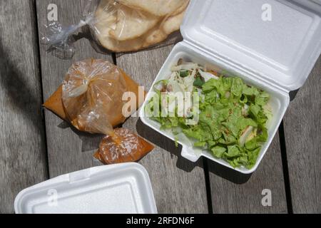 Indonesischer Salat mit Salat und gedämpftem Gemüse, serviert mit einem Erdnusssoße-Dressing, Paket zum Mitnehmen Stockfoto