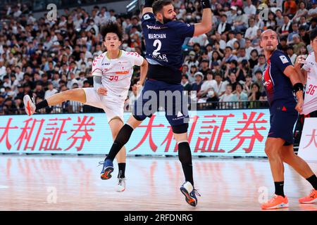 Ariake Arena Tokio, Japan. 2. Aug. 2023. Naoki Fujisaka (JPN), 2. AUGUST 2023 - Handball : Paris Saint-Germain Handball Japan Tour Match zwischen Paris Saint-Germain 39-24 Japan in der Ariake Arena Tokyo, Japan. Kredit: Naoki Nishimura/AFLO SPORT/Alamy Live News Stockfoto