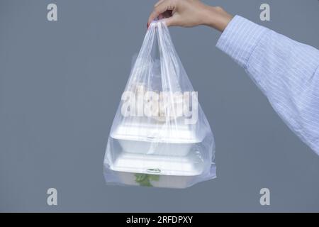 Frauenhände mit PVC-Plastiktüte und Lunchboxen aus Schaumstoff zum Mitnehmen. Einweg-Lebensmittelbehälter, Spendenkonzept. Stockfoto