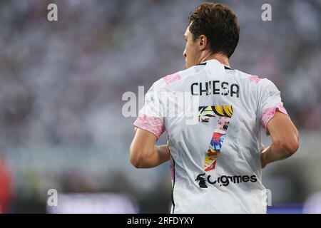 Orlando, Florida, USA. 2. Aug. 2023. Juventus Forward FEDERICO CHIESA (7) in Aktion während der ersten Hälfte der Florida Cup Series Fußball Champions Tour Juventus vs Real Madrid Fußballspiel im Camping World Stadium in Orlando, FL am 2. August 2023. (Kreditbild: © Cory Knowlton/ZUMA Press Wire) NUR REDAKTIONELLE VERWENDUNG! Nicht für den kommerziellen GEBRAUCH! Stockfoto