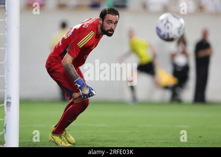 Orlando, Florida, USA. 2. Aug. 2023. Juventus Torwart CARLO PINSOGLIO (23) sieht den Ball während der zweiten Hälfte der Florida Cup Series Fußball Champions Tour Juventus vs Real Madrid Fußballspiel im Camping World Stadium in Orlando, FL am 2. August 2023. (Kreditbild: © Cory Knowlton/ZUMA Press Wire) NUR REDAKTIONELLE VERWENDUNG! Nicht für den kommerziellen GEBRAUCH! Stockfoto