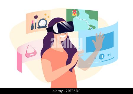 Woman Wearing AR Smart Glasses exploring Leisure Activities and Create Travel Plan. Flat Design Enters Virtual Simulation Isolated on White Background Stock Photo