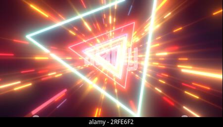 Abstrakter, mehrfarbiger gelber, futuristischer High-Tech-Tunnel aus fliegenden Dreiecken und Linien Neonmagie leuchtender Hintergrund. Stockfoto