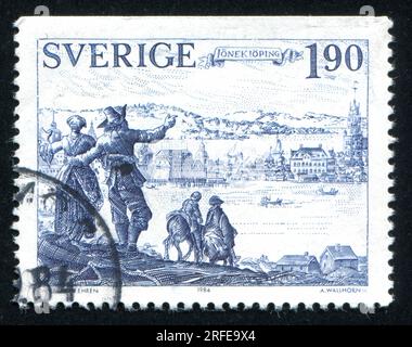 SCHWEDEN - CIRCA 1984: Von Schweden gedruckter Stempel zeigt Jönköping, circa 1984 Stockfoto