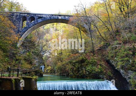 Steinbahnbrücke über die Vintgar-Schlucht über dem Fluss Radovna in der Nähe von Bled in Gorenjska, Slowenien, mit dem Laub in den gelben und orangefarbenen Herbstfarben Stockfoto