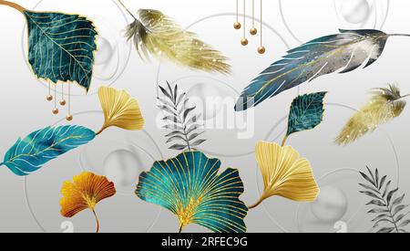 Funktionelle Leinwand mit Blumenmotiven Tapete, Ginkoblätter, Federn und Baumzweige Aquarell Geodesmalerei. Marmorierte Wellenformen in hellgrauer Hintergrundfarbe Stockfoto