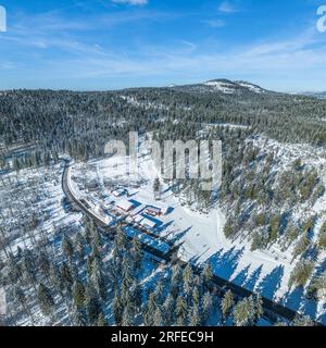Das Skilanglaufzentrum Bretterschachten im Bayerischen Wald in der Nähe des Great Arber von oben Stockfoto