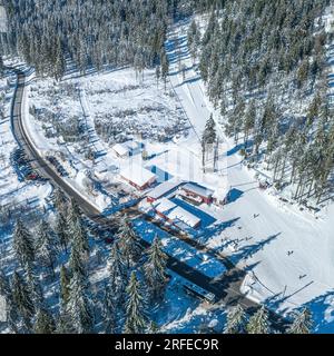 Das Skilanglaufzentrum Bretterschachten im Bayerischen Wald in der Nähe des Great Arber von oben Stockfoto
