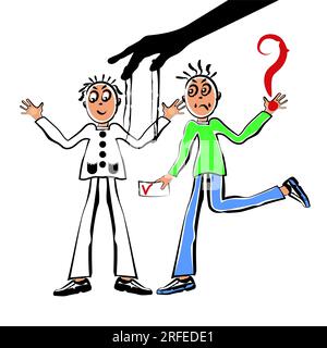 Comic-Wahlkonzeptsillustrierung. Zwei Wähler, einer manipuliert von einem Puppenspieler wie eine verschwiegene Hand, der andere mit einem Stimmzettel in einer Hand und Stockfoto