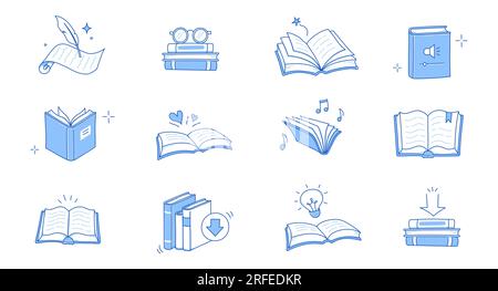 Symbolgruppe für Buchzeilen-Doodle. Handgezeichnete Skizzen, Zeichensymbole, Tagebuch. Offene Bibliothek, Lesen, Doodle-Konzept-Symbol für Schulbildung. Blaue Stiftlinie. Vektordarstellung. Stock Vektor