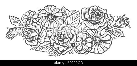 Blumen. Wildblumen mit Blättern, die im Skizzenstil gezeichnet wurden. Skizze mit Blumenmuster, Vintage-Vektordarstellung Stock Vektor