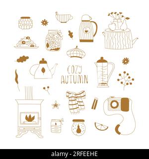 Vector Line Set mit gemütlichen Herbstelementen für Karte, Einladung, Website, Aufkleber, Planer. Süße trendige Herbstfotos. Stock Vektor