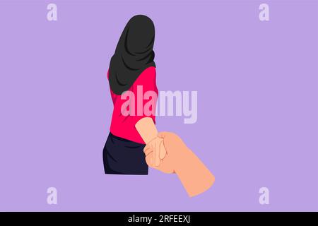 Cartoon-Figur im flachen Stil, die Schönheit einer arabischen Frau malt, die den Mann an der Hand hält, während sie ihn in die Natur führt. Ein romantisches Paar, das verliebt ist und verspricht, treu zu sein Stockfoto