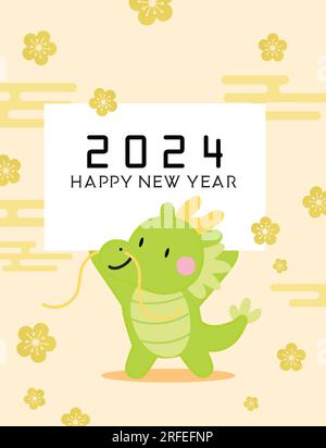 Süßer chinesischer Drache mit einem Schild mit cny-Karte. Mondneujahr 2024 Grußkarte Vektor mit Pflaumenblüten im Hintergrund. Stock Vektor