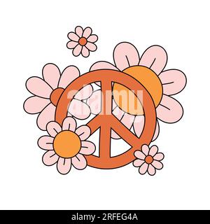 Vector Retro groovy Frieden und Blumen isoliert auf weißem Hintergrund Stock Vektor