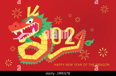 „Happy Year of the Dragon 2024“-Grußkartendesign. Lustiges Gesicht fliegender Drache, der die Zahlen 2024 bildet. Dekorativer Hintergrund für Feuerwerk Stock Vektor