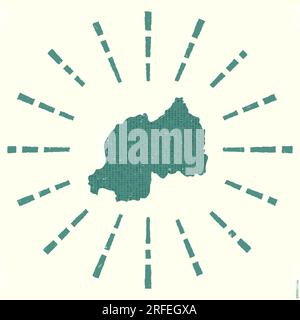 Ruanda-Logo. Grunge Sunburst Poster mit Landkarte. Die Form Ruandas ist gefüllt mit Hexziffern mit Sonnenstrahlen. Stock Vektor
