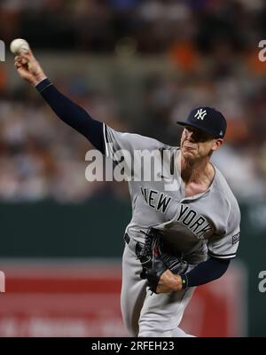 New York Yankees’ Pitcher Ian Hamilton (71) ersetzt Clarke Schmidt am Fuß des sechsten Inning am 29. Juli 2023 im Oriole Park at Camden Yards in Baltimore MD. (Alyssa Howell/Image of Sport) Stockfoto