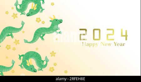Banner "Jahr des Drachen" mit Pflaumenblüten-Hintergrund. Chinesische Neujahrskarte 2024 mit fliegenden grünen Drachen, Frühlingsblumen. Stock Vektor