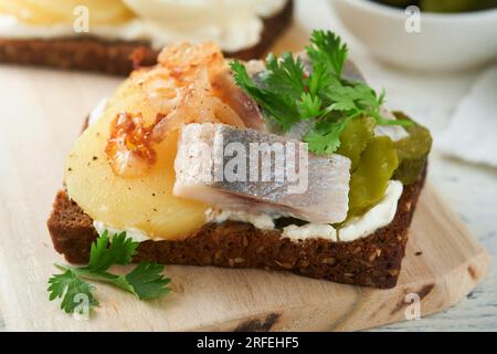 Offenes Sandwich oder Smorrebrod mit Roggenbrot, Hering, Eiern, karamellisierten Zwiebeln, Petersilie und Hüttenkäse auf altem rustikalem Holztischhintergrund. Dani Stockfoto