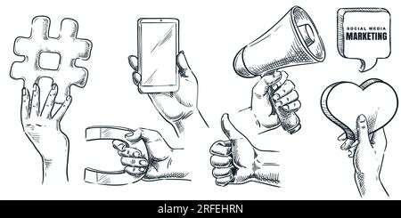 Menschliche Hand hält Lautsprecher, Hashtag-Schild, Magnet, Smartphone, Herz. Handgezeichnete Vektorskizze. Social-Media-Marketing, Werbung Stock Vektor