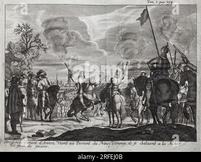 Henri, comte de Brederode (Hendrik Graaf van Brederode) (1531-1568 1566), Sortant d'Anvers (Pays-Bas, Pays Bas) vient au devant de Guillaume i d'Orange-Nassau (Orange Nassau), Prince d'Orange (ou Guillaume le Taciturne, 1533-1584), la salte de la guerte de la guilte de la guilte de la guilte de la guilte de la guilte de la guille guille (Debüt de la Guerre de Quatre-vingt ans (Quatre vingt ans ou 80 ans) (Revolte des Pays Bas) (1568-1648). Gravure pour Illustrator „histoire de la guerre de Flandres, de Flamianus Strada, Edition Joseph T'Serstevens, 1712, Brüssel (Belgique). Stockfoto