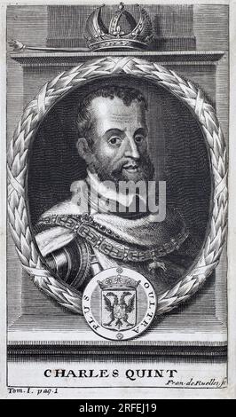 Portrait de Charles Quint (1500-1558), roi d'Espagne et de l'Amerique espagnole, roi de Sicile et empereur du Saint Empire Romain Germanique (1519-1556). Gravure pour Illustrator „histoire de la guerre de Flandre, de Flamianus Strada, Edition Joseph T'Serstevens, 1712, Brüssel (Belgique). Stockfoto