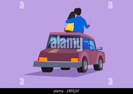 Cartoon-Figuren, die sich auf dem Dach des Autos küssen und sich romantische Landschaften anschauen. Arabischer Mann und Frau, die Hochzeit feiern Stockfoto